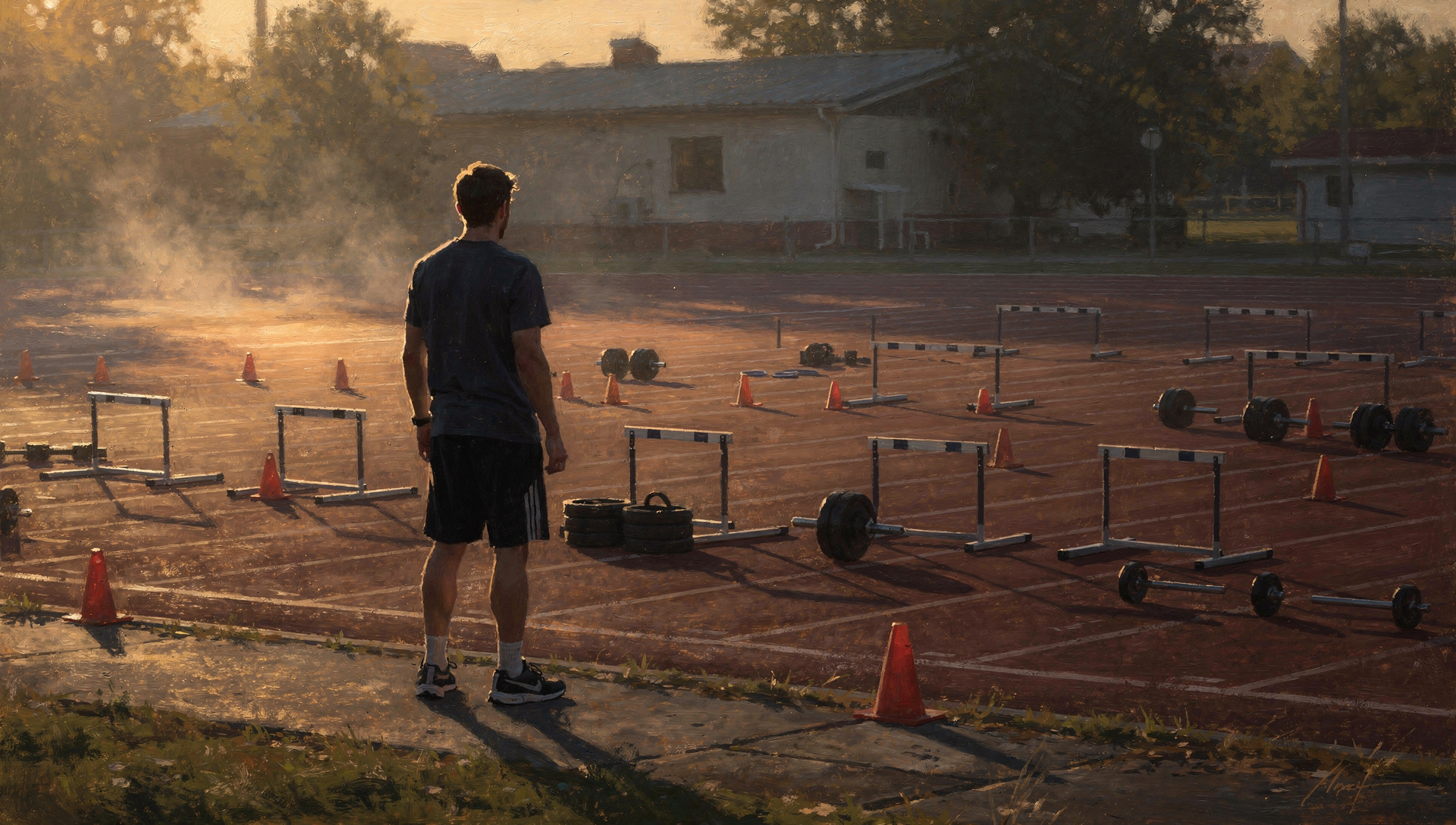 An athlete trains on a track at dawn