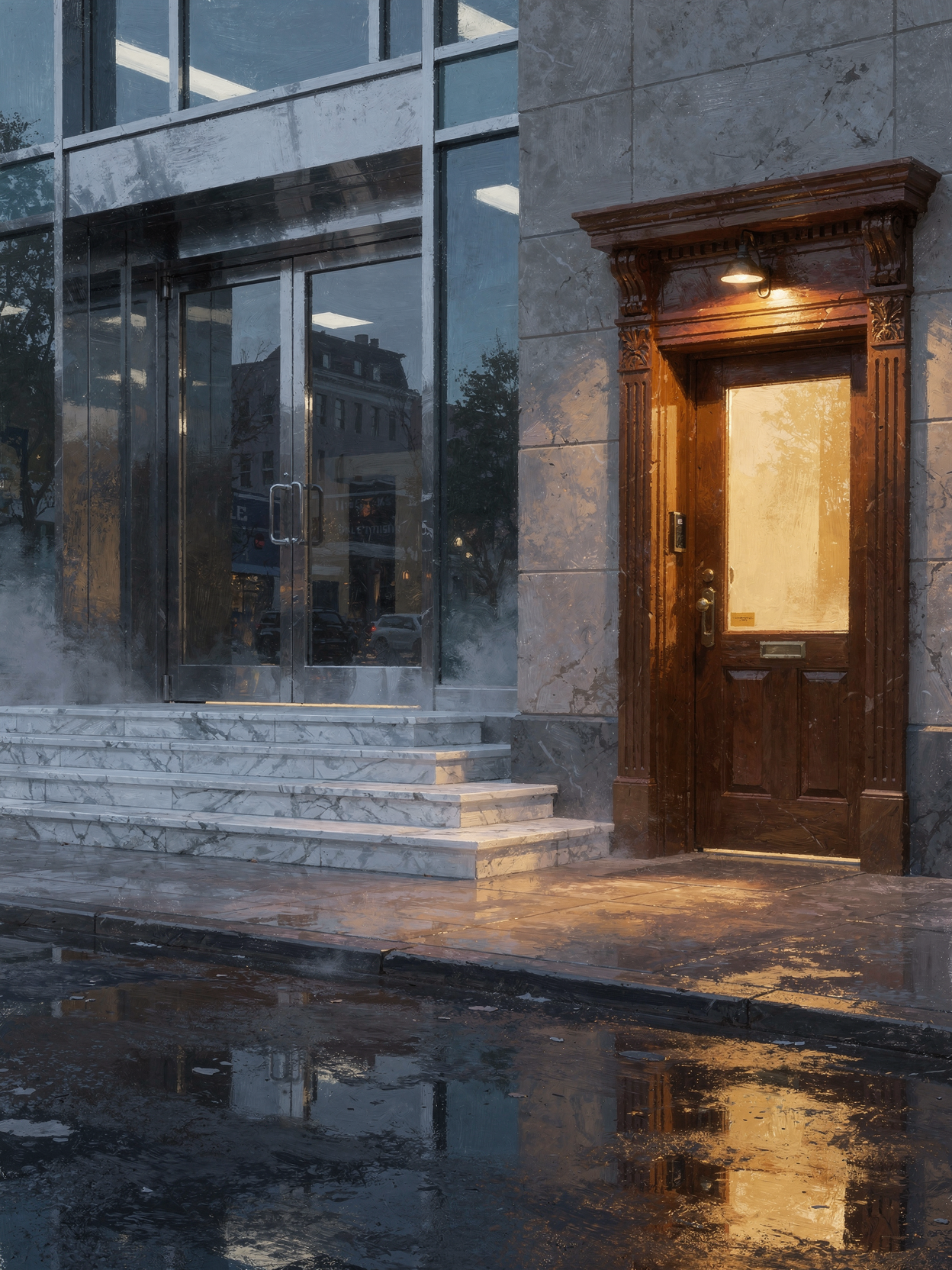 A warm lit wooden door beside a cold glass entrance