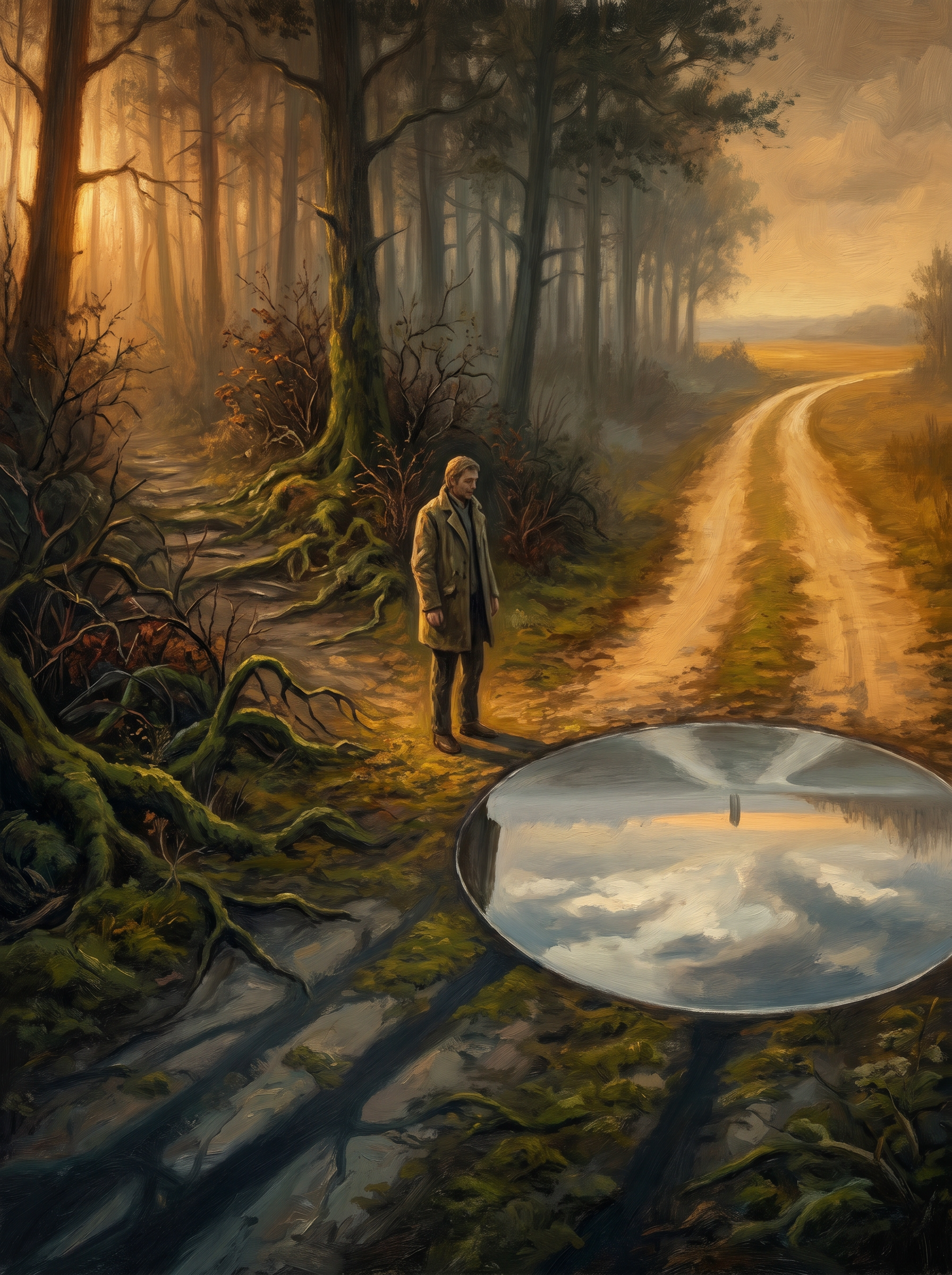 A person pauses at a forked path