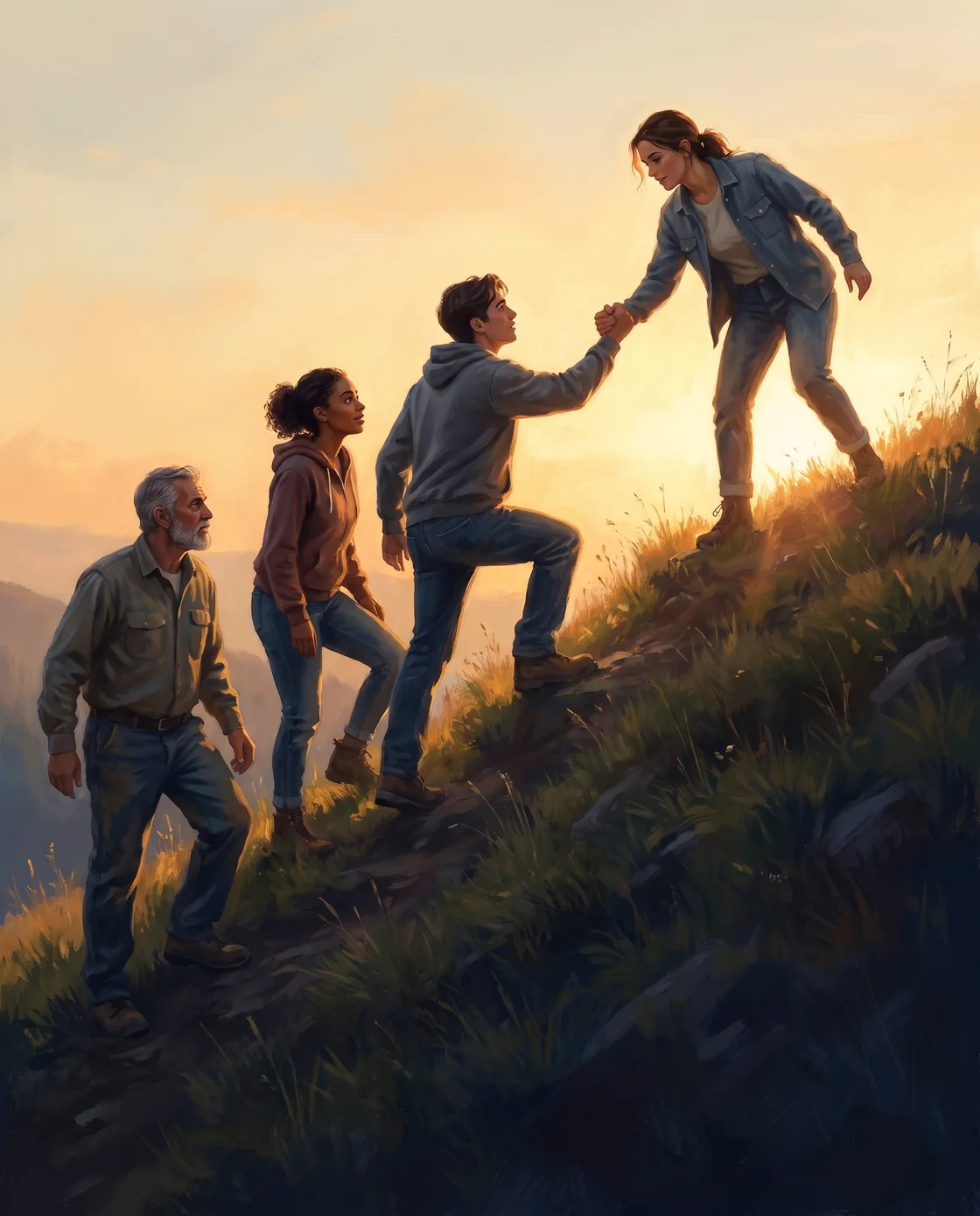 Four people climb a grassy hill at sunrise; a young woman at the crest reaches back to pull up the next climber
