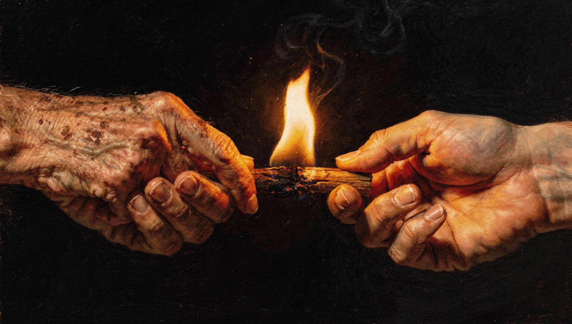 An older hand passes a burning branch to a younger hand